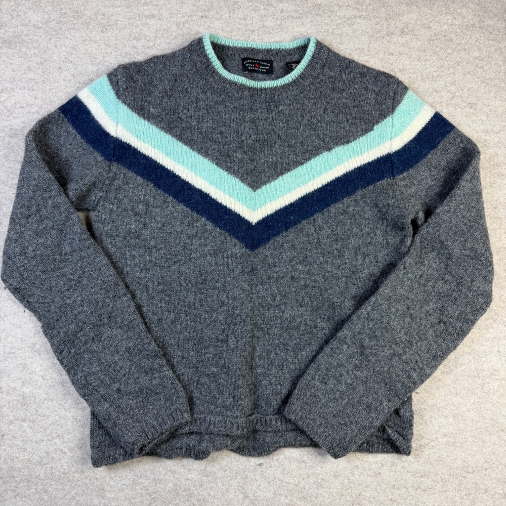 American Eagle Wool Sweater Womens Medium Grey Chevron Stripe Crew Neck Knit